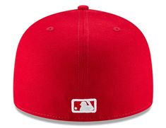 a red baseball cap with the logo on it's peak and white stitching