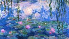 a painting of water lilies and lily pads in blue, pink and green colors