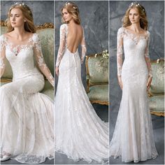 three different views of the back of a wedding dress with long sleeves and open shoulders