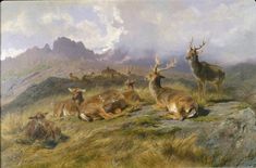 an oil painting of deer and antelope resting on a rocky hillside with mountains in the background