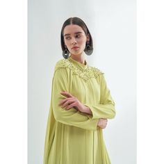 Retro Chic Fashion: Sandy 70's Inspired Abaya - By Baano Flowy Maxi-length Abaya For Eid, Modest Wedding Abaya For Spring, Spring Modest Maxi-length Thobe, Traditional Maxi Length Spring Abaya, Long Green Spring Abaya, Spring Green Maxi Length Abaya, Green Maxi-length Abaya For Spring, Elegant Green Spring Abaya, Spring Wedding Embroidered Abaya