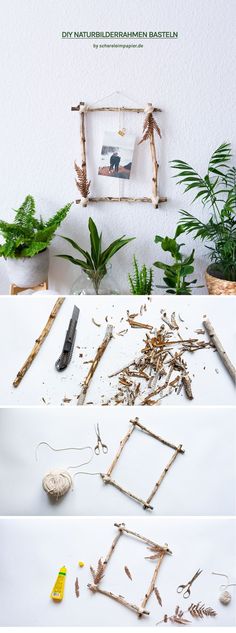 the process of making branches and twigs for an art project is shown in three different stages