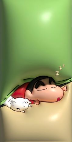 a cartoon character sleeping under a green blanket