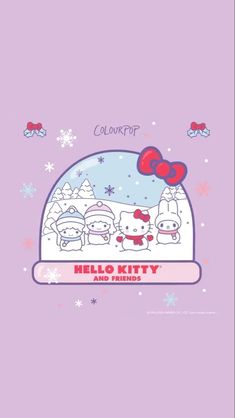 hello kitty and friends wallpaper with snowflakes in the background, on a purple background