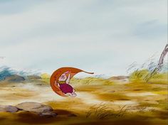 an animated image of a woman flying a kite in the air with rocks and grass around her