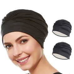 a woman wearing a turban with three different ways to wear it on her head