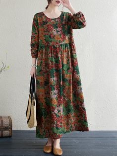 Women's Vintage Floral Dress A Line Crew Neck Cotton Linen Floral Holiday Dress Fall Floral Print Cotton Dress, Fall Cotton Floral Print Dress, Fall Cotton Dress With Floral Print, Non-stretch Multicolor Floral Print Maxi Dress, Free Size Long Sleeve Dresses For Fall, Casual Free Size Dresses For Fall, Casual Free Size Fall Dresses, Green Cotton Dress For Fall, Non-stretch Multicolor Spring Dresses