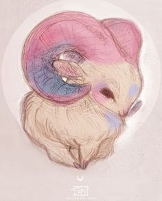 a drawing of a sheep with pink and blue hair