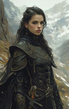 a woman dressed in black standing on top of a mountain next to snow covered mountains