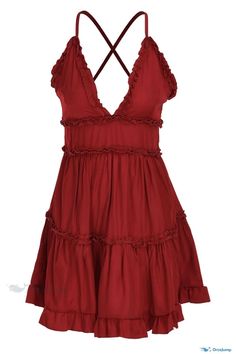 OrcaJump - Sophisticated Wine Red Knee-Length Patchwork Dress with Sleeveless V-Neck, Stringy Selvedge and Solid Draped Backless Design Chic Red V-neck Sundress, Red Ruffled Sleeveless Sundress, Red Bohemian Sleeveless V-neck Dress, Red Halter Neck Sleeveless Summer Dress, Red Sleeveless Beach Dress With Ruffles, Red Ruffled Sleeveless Beach Dress, Bohemian Sleeveless Dress With Crisscross Straps, Red V-neck Sundress With Ruffles, Ruffle Dresses