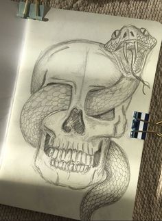 a drawing of a skull with a snake on it