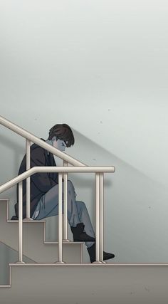 a man sitting on top of a set of stairs next to a hand rail with his feet up