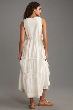 The dress that launched a thousand glowing reviews. Our iconic Somerset Dress features a soft A-line silhouette, flattering smocked waist, and everyday-elegant tiers. | The Somerset Maxi Dress: Linen Ties Edition by The Somerset Collection by Anthropologie in White, Women's, Size: 2XS, Linen/Viscose/Modal Elegant Sleeveless Tiered Dress For Daywear, Daywear Dresses With Gathered Waist And Tiered Skirt, Daywear Tiered Ruched Dresses, Chic Linen Tiered Dresses, Linen Tiered Dress For Daywear, Chic Tiered Skirt Dress With Gathered Waist, Tiered Linen Midi Dress With Ruffles, Tiered Ruffle Linen Midi Dress, Casual Linen Dress With Tiered Skirt