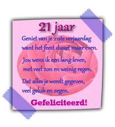 a greeting card with the words 21 jaar written in pink and purple on it