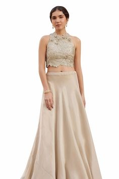 Beige champagne tissue silk padded crop top featuring zardosi, French knots, aari, and 3D floral embroidery. Paired with a flowing skirt that has an attached cancan., Fit: Relaxed Padded Crop Top, Crop Top And Skirt Set, Beige Champagne, Crop Top And Skirt, Desi Fits, Embroidered Crop Tops, Top And Skirt Set, French Knots, Women Kurta