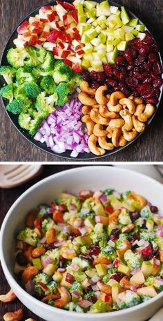 broccoli, raisins, cranberries and other foods are in a bowl