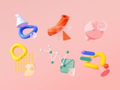 an assortment of colorful objects on a pink background