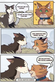 two cats are talking to each other in the same comic strip, with one cat looking at