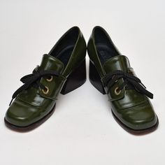 Witchy Leather Shoes! Never Worn. Size 8. Runs Like A 7 1/2 *All Sales Final* Green Round Toe Heels For Work, Green Mary Jane Shoes, Nike Vintage Shoes, Witchy Shoes, Ugg Flip Flops, Funky Shoes, Slip On Pumps, Wood Heel, Jane Shoes