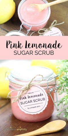 pink lemonade sugar scrub in a jar with a wooden spoon