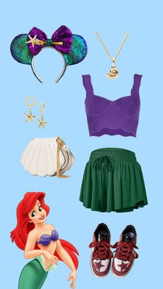 the little mermaid costume is on display with other items including shoes, headbands and accessories