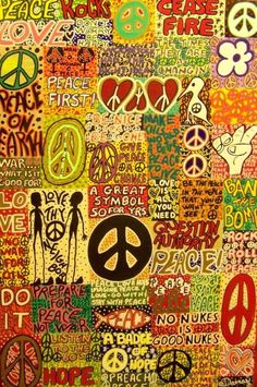 a painting with peace and love written on the side in different colors, shapes, and sizes