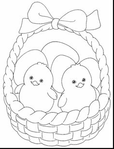 a basket with two chicks in it and a bow on the top, coloring page