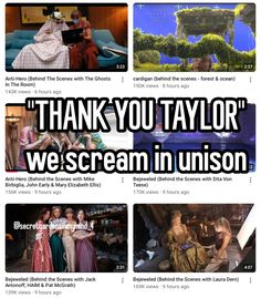 the screen shot shows several different scenes in an animated style, including one with text that reads thank you taylor we scream in unison