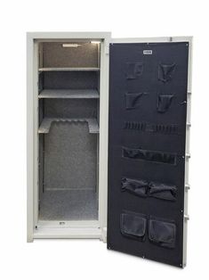 an open safe box with the door closed next to it's shelf filled with black cloths