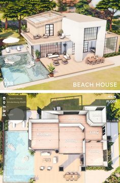 an aerial view of the beach house and pool