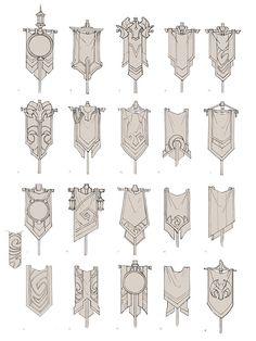 several different types of shields and swords, all drawn in one drawing style with lines