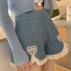 Kawaii Heart Sweet High Waist Denim Shorts - Kawaii Fashion Trendy Summer Fits, Lace Denim Shorts, Casual Denim Shorts, Desired Reality, Girls Denim Shorts, Summer Trends Outfits, Japanese Sweet, Denim And Lace, Jeans For Short Women