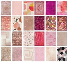 many different patterns and colors are shown in this image, including pinks, oranges,