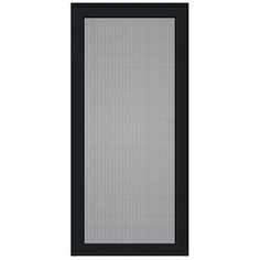 an open door with black frame and mesh screen on the bottom panel, in front of a white background