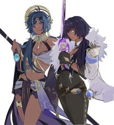 two anime characters are standing next to each other with swords and armor on their shoulders