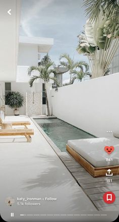 an outdoor swimming pool with lounge chairs and palm trees