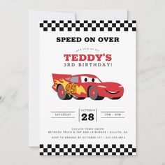 a red race car birthday party card with the number 28 on it's front