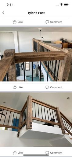 two pictures showing the steps and railings in a house that is being built on stilts