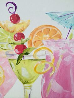 an oil painting of three different colored cocktails with cherries and orange slices in them