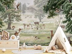 a child's room with a teepee and deer wallpaper