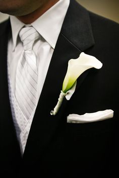 a man wearing a suit and tie with a white flower on it's lapel