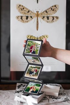 a person holding up three pictures in front of a framed insect art work on a table