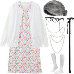 PRICES MAY VARY. PACKAGE INCLUDES: Kids Standard Size Halloween Costume for Girls - Old Lady Costume Grey Wig (and the Included Wig Cap) , Old Lady Cardigan Sweater, Grandma Costume Dress, Old Lady Glasses with Real Beaded Glasses Chain, Granny Cane, Faux Pearl Beads Necklaces, Little Knee High Stockings. VALUE COSTUME: Every Single Item is Amazing and Will Work Well Together or Separately. Complete Your Halloween or 100 days of School Old Look with This Old Lady Costume Dress up, Can Increase t Old Lady Halloween Costume, Old Lady Halloween, Granny Costume, Lightyear Costume, Grandma Costume, Old Lady Costume, School Costume, Uniform Accessories, 100th Day Of School