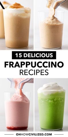 four different types of frapuccino in small glasses with the title below it