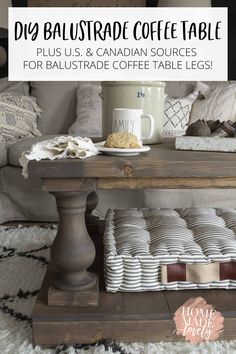 a coffee table sitting on top of a white rug next to a couch with pillows