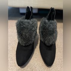 Women’s Black Fur Ankle Heeled Boots. Very Good Condition Looks Brand New. Only Worn Once Heeled Ankle Boots, Heeled Boots, Bootie Boots, Ankle Boots, Womens Sizes, Women Shoes, Brand New, Boots, Heels