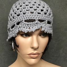 "Crochet Cotton Skull Cap/Vintage style Juliette Cap.  READY TO SHIP Colors: light  gray Size: Fits most sizes from average to medium Material: 100% cotton yarn Measurements : 20 - 22\" circumference/ Height: 8\" Care: Hand wash in cool water/ lay flat to dry In a word, the \"Juliette cap\" is simply romantic! Its delicate openwork design is finished with a lacy scallop and picot edging that frames the face so beautifully. Perfect day or night when paired with a lacy dress or a pair of jeans . I Bohemian Crochet Cap Hat, Vintage Crochet Hat For Winter, Handmade Whimsical Crochet Hat, Vintage Crochet Bucket Hat, Bohemian Crochet Beanie, Bohemian Lightweight Crochet Hat, Bohemian Fitted Beanie Hat, Bohemian Crochet Adjustable Beanie, Lightweight Adjustable Crochet Beanie Hat