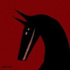 the silhouette of a black horse is shown against a red background with white lines on it