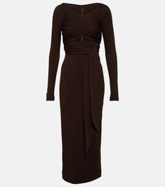 Draped wool-blend midi dress in brown - Dolce Gabbana | Mytheresa Fall Evening Dress In Elastane, Fall Evening Dress Made Of Elastane, Evening Dress For Fall In Elastane, Fitted Viscose Maxi Dress For Work, Elegant Brown Midi Bodycon Dress, Fall Night Out Midi Dress In Elastane, Fall Midi Dress In Elastane, Brown Midi-length Bodycon Dress For Evening, Formal Elastane Dresses For Fall