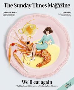 the sunday times magazine cover features a woman sitting on a plate with lobsters in it